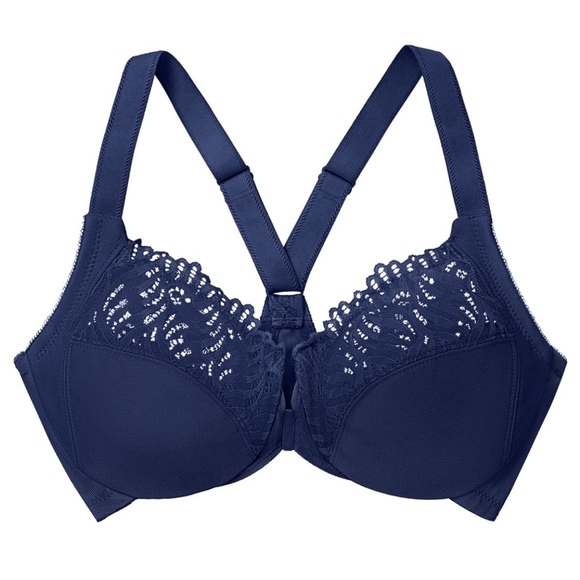 Like New Glamorise Racerback Wonderwire  Front Closure Navy Bra #1246 Size 38DD - Picture 3 of 4